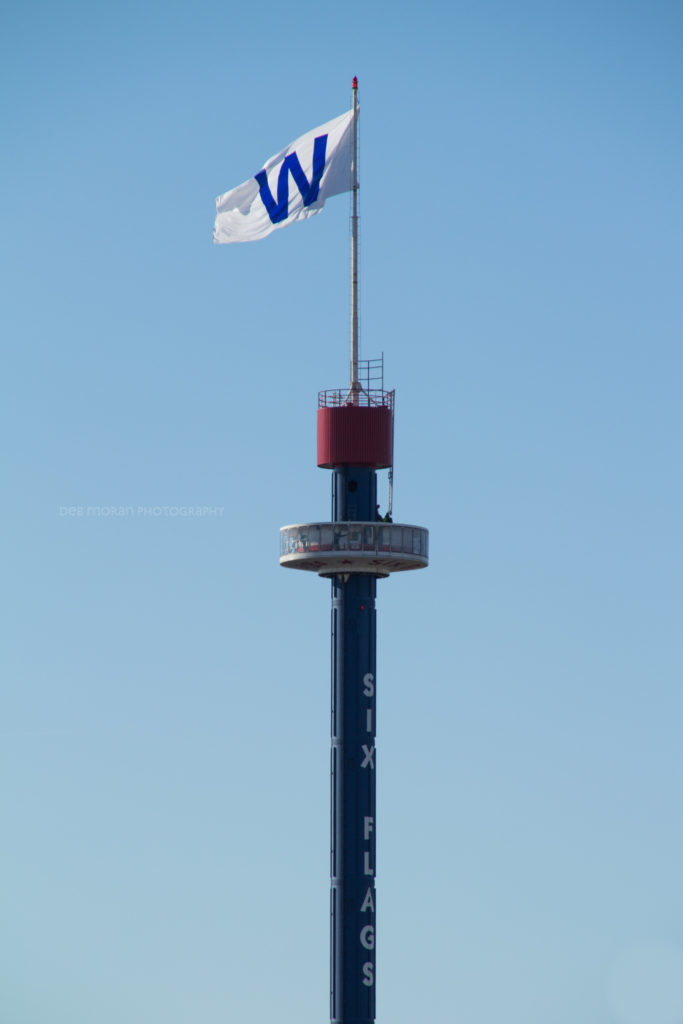 The 38x40 foot W Flag flying 330 feet high above Six Flags Great America, the morning after the Cubs have won the World Series. The flag was raised after our first win of the series - game 2. Click the pic to read more.
